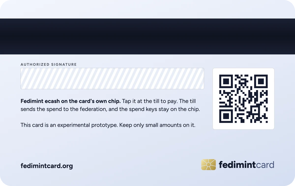 Back of the card: a signature panel, a QR code to fedimintcard.org and a short description